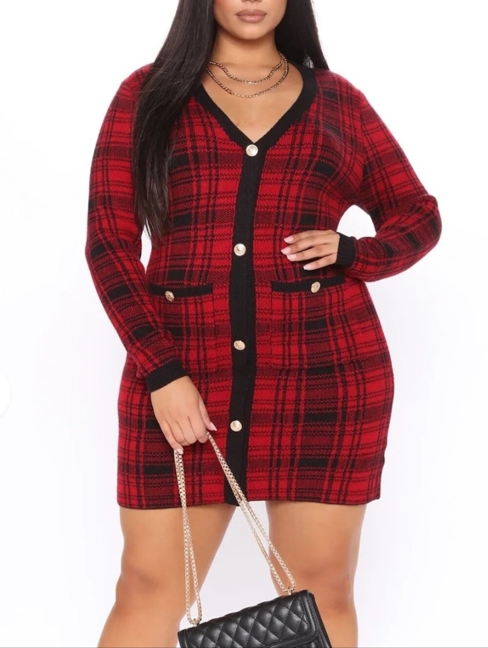 Red Plaid Cardigan Sweater Dress with Black Trim
